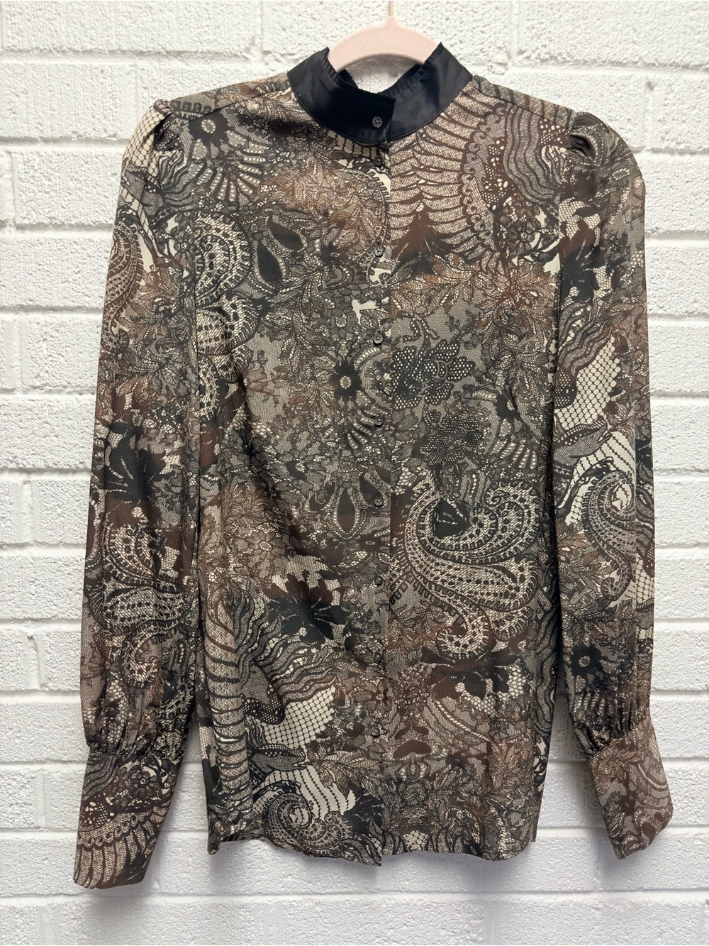 Alexander McQueen Brown and Black Paisley Lace-Effect Button-Up Blouse IT42
